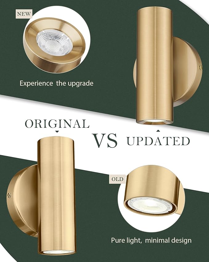 2-Light Wall Light, Brass Gold Wall Sconce, Indoor Up and Down Wall Lamp for Bedroom Bathroom Stair Entryway (2 Pack), WL4830-2W-BB-2PK
