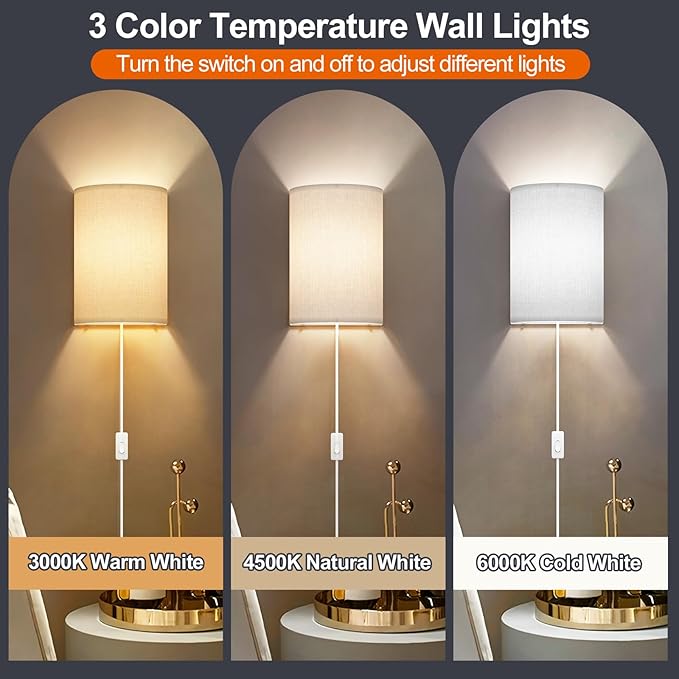 Plug in Wall Sconces Set of Two: Wall Lights with On/Off Switch - Stepless Color Temperature Wall Mount Lamps - Fabric Linen Wall Sconce for Bedroom Living Room & Hallway- Indoor Corded Wall Sconces