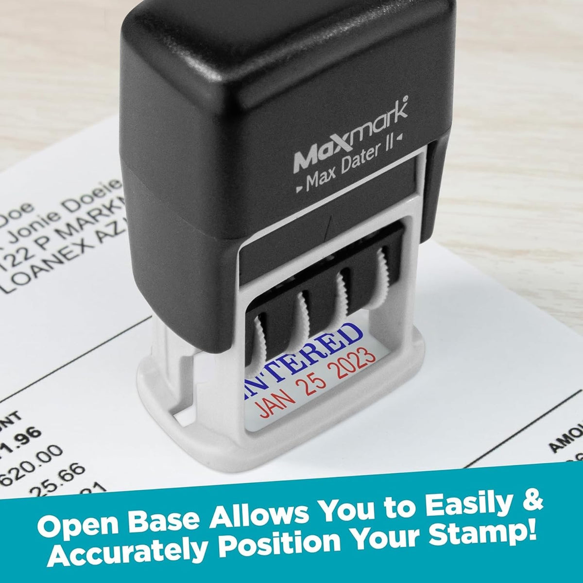 MaxMark Self-Inking Rubber Date Office Stamp with Due by Phrase & Date - 2 Color Blue/Red Ink (Max Dater II), 12-Year Band