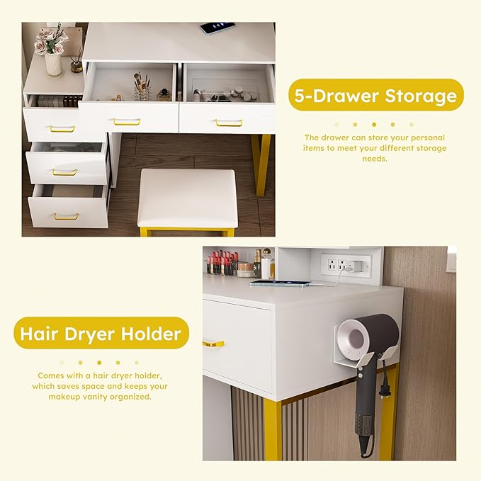 Makeup Vanity Desk with Mirror and Lights, Makeup Vanity Set with 5 Drawers, Upholstered Vanity Stool, Dressing Table for Bedroom, White and Yellow