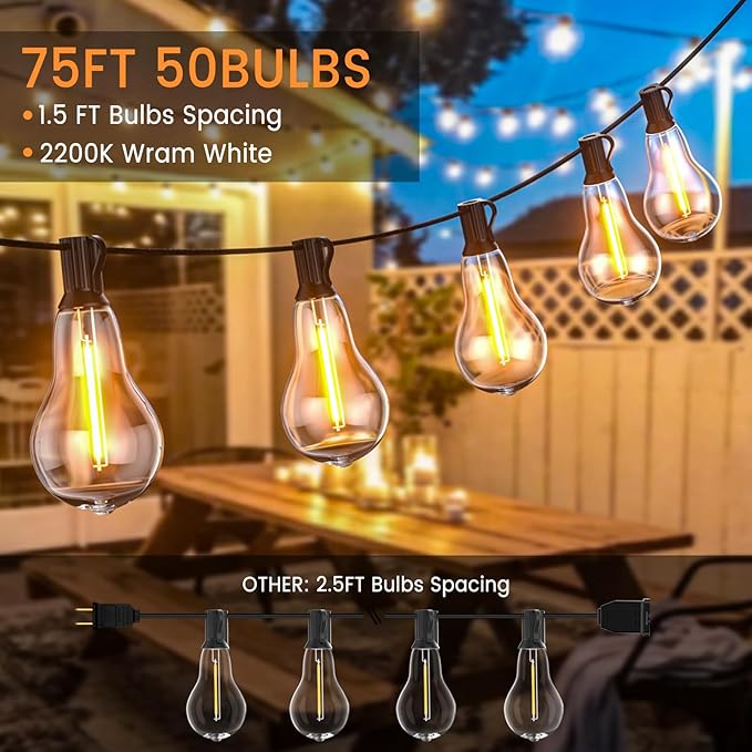 String Lights for Outside,75FT Patio Lights with 50+3 Bulbs(1.5FT Bulbs Spacing), outdoor string lights, Remote & Dimmer, 3 Mode Light & Timing, 50PC Mounting Ties for Outside, 2200K(Black)
