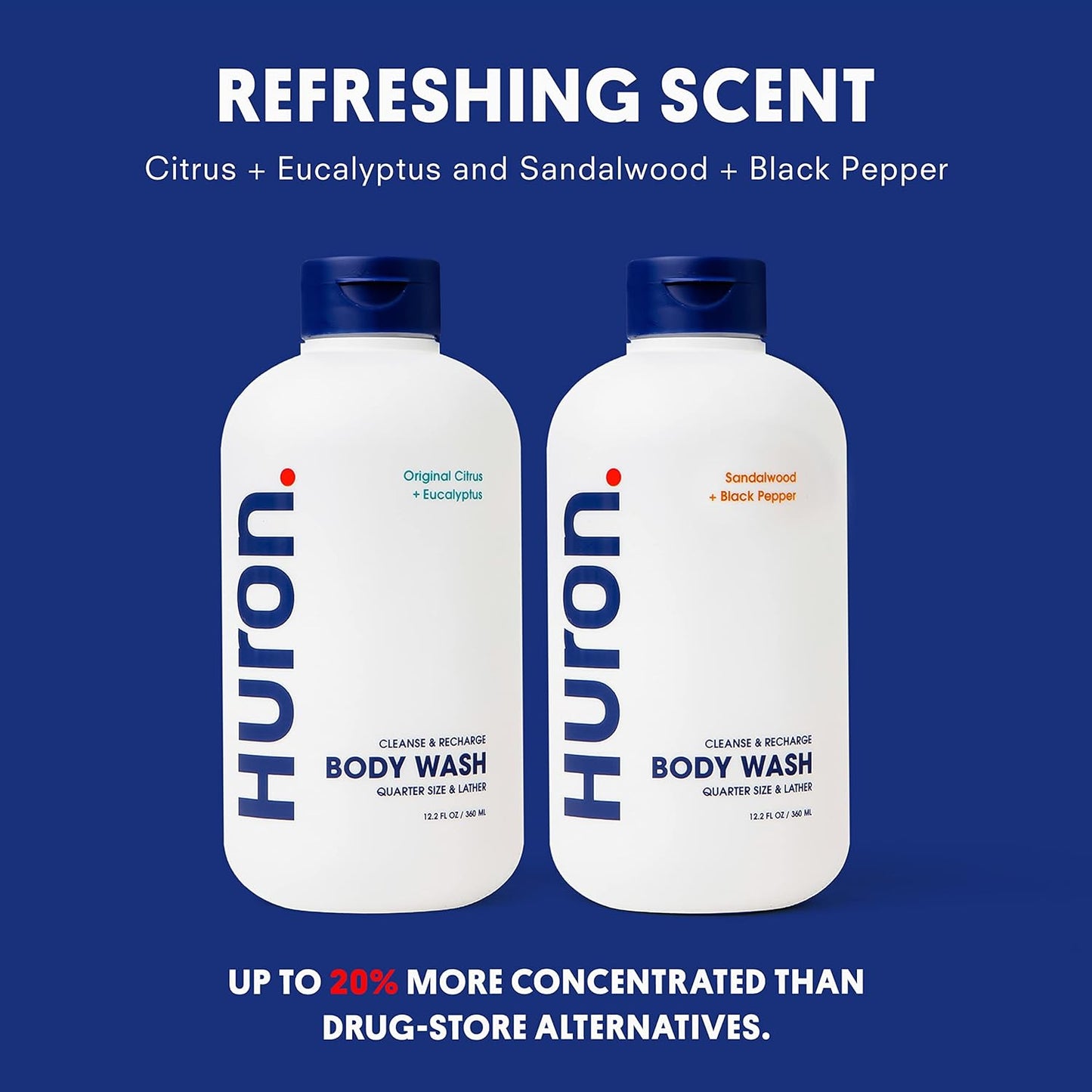 Huron Men’s Moisturizing Body Wash - Clean & Woody Scent of Sandalwood, Black Pepper, Cedarwood, & Amber - Made With Coconut Oil, Vitamin E & Witch Hazel - Vegan, Cruelty-Free - 12.2 fl oz (2 Pack)