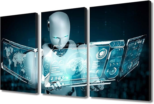 TUMOVO 3 Pieces Wall Art - AI Intelligence Canvas Prints Big Data Analysis Posters Canvas Print Modern Artwork Room Wall Decorations Robot Paintings Stretched and Framed Ready to Hang, 36" Wx24 H
