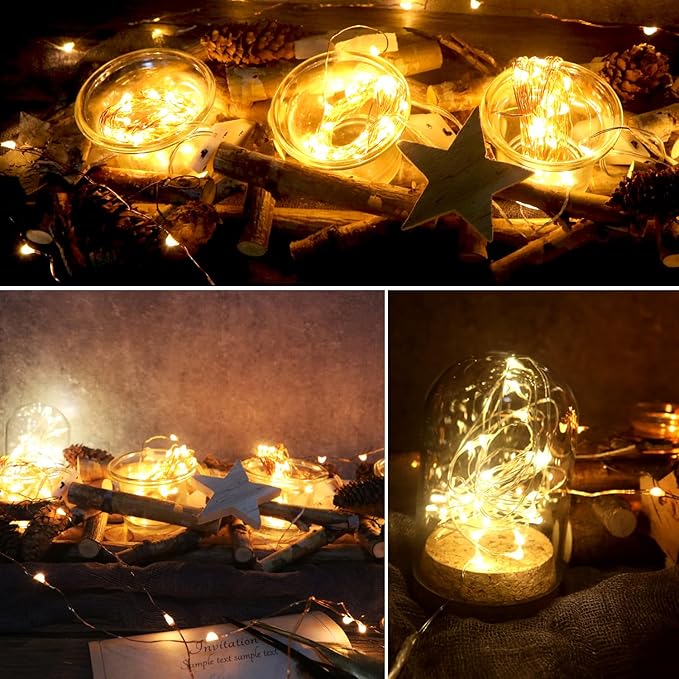 6 Pack Fairy Lights Battery Operated with Timer 2PCS Remote 6.5ft 20LED Warm White Twinkle Lights Waterproof Silver Wire Fireflies Lights DIY Mason Jar Wedding Party Christmas Centerpiece Table Deco
