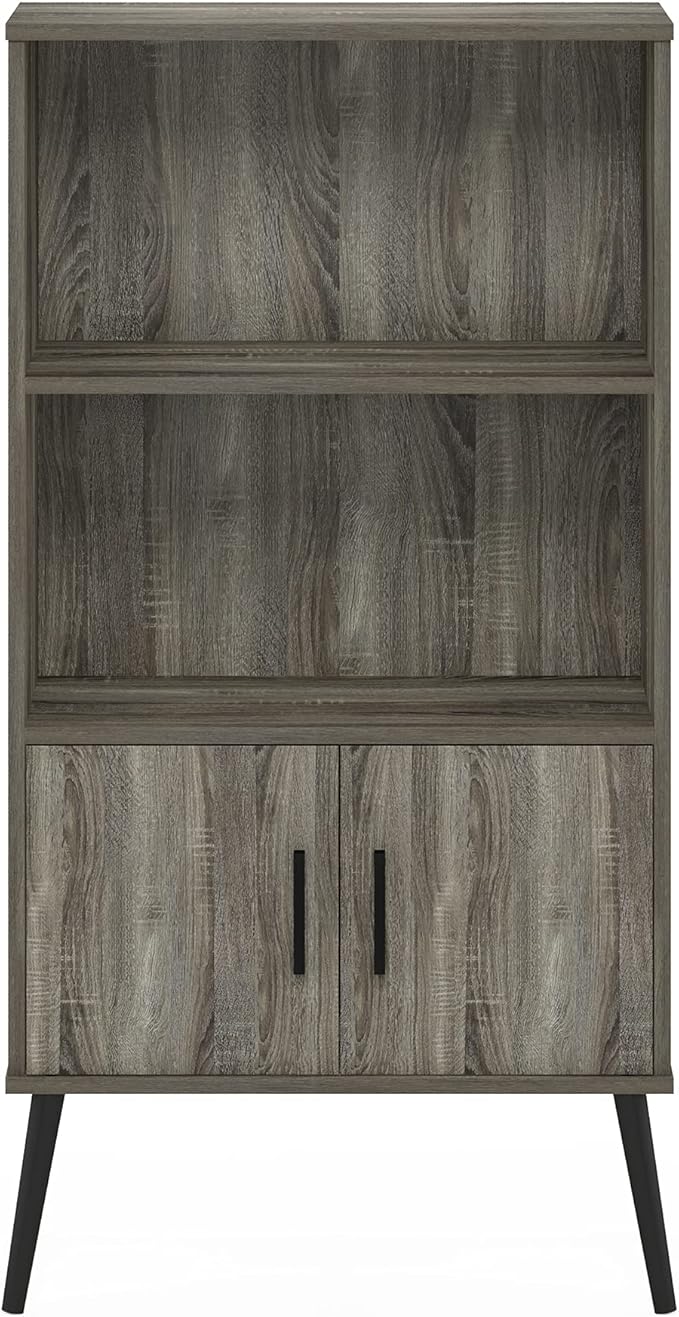 Furinno Claude Mid Century Style Accent Wooden Leg Bookcase Cabinet with Storage Organizer Shelves, French Oak Grey