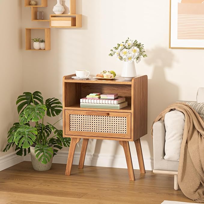 Lerliuo Rattan Nightstands Set of 2, Side Table with Drawer, Cane Accent Bedside End Table with Solid Wood Legs, Mid Century Modern Night Stand for Bedroom, Dorm and Small Spaces (Tea Brown)