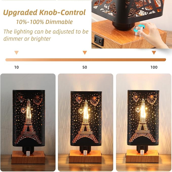 Industrial Table Lamp with USB Ports and Outlet, Rustic Dimmable Bedside lamp with Charging Station, Metal Square Shadow Nightstand Lamp, Night Light for Kids Bedroom Living Room End Tables