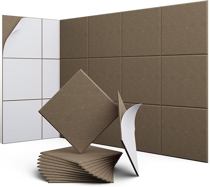 12 Pack 12" X 12" X 0.4" Acoustic Panels for Wall Sound Absorbing, Square Self-Adhesive Sound Panel, High Density Suitable for Multiple Scenarios(Coffee Brown)