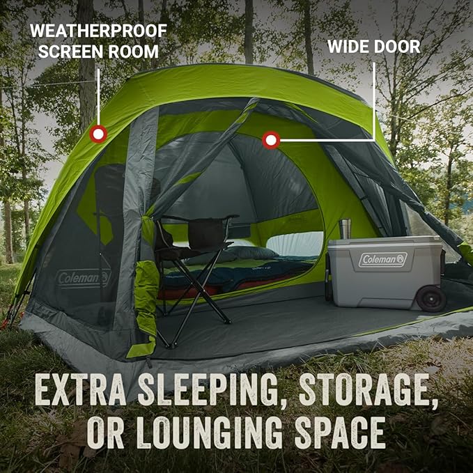 Coleman Skydome Camping Tent with Screened Porch & 5-Minute Setup, Weatherproof 4/6/8 Person Tent with Rainfly & Carry Bag, Made of PFAS-Free Materials