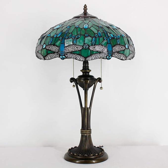 Tiffany Table Lamp Green Stained Glass Desk Lamp 16X16X24Inches Dragonfly Style Reading Light