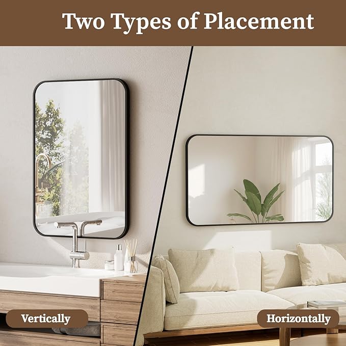 BEAUTYPEAK 20" x 28" Rectangular Aluminum Alloy Frame Wall Mounted Bathroom Mirror with Rounded Corners, Black