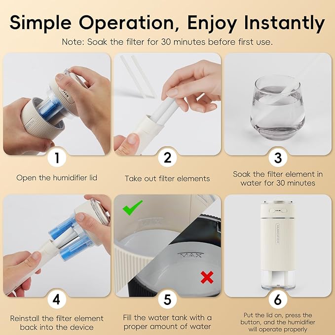 Portable Small Humidifiers for Travel, Mini Air Ultrasonic Humidifier with Filter Element - Cool Mist, Whisper Quiet, Nightlight, 350ML Tank, Car Modes, Perfect for Baby, Bedroom, Hotel, Desk, Plants