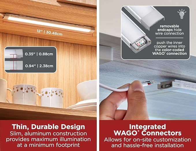 Black+Decker PureOptics Professional Push Wire Under Cabinet Light Bar, Add-on, Plug-in or Hardwire Compatible, Adjustable White and RGB LED, for Kitchen, Pantry, Cabinets, (1) 12" Bar