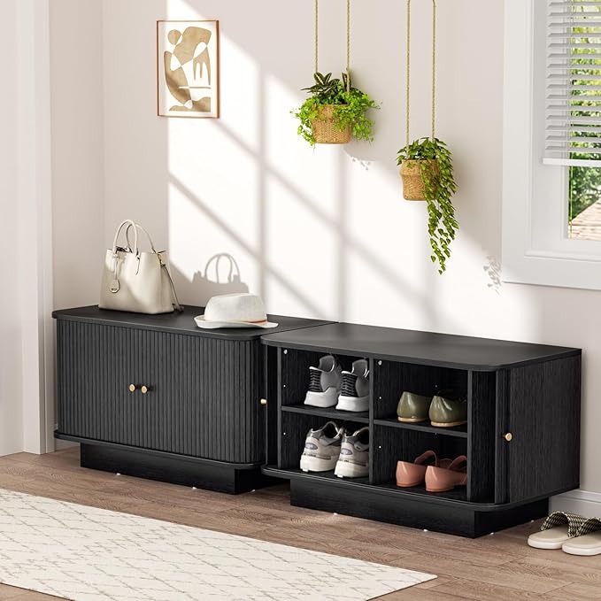 63" W Small Shoe Storage Bench, Shoe Bench Entryway with Sliding Doors and Adjustable Shelvs, Wooden Low Cabinet for Hallway, Living Room, Bedroom, Apartment, Dorm, Mudroom, Garage, Black, 2PCS