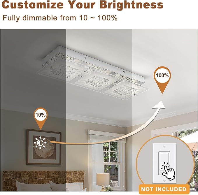 Crystal Ceiling Light Flush Mount Rectangle Ceiling Light Fxiture Modern Hallway Light LED Dimmable 4000K for Kitchen, Bathroom, Bedroom, 18W