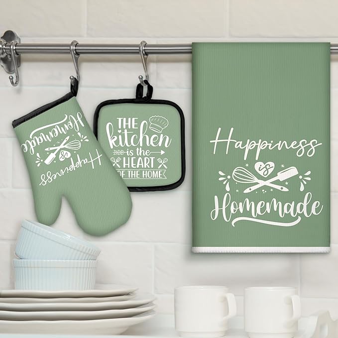 Sratte 6 Pcs Kitchen Decor Accessories Set Farmhouse Towels Pot Holders Oven Mitts Set 2 Dish Towels 2 Potholders 2 Cooking Mittens Oven Glove for Christmas Baking Cooking Supply(Sage Green,Kitchen)