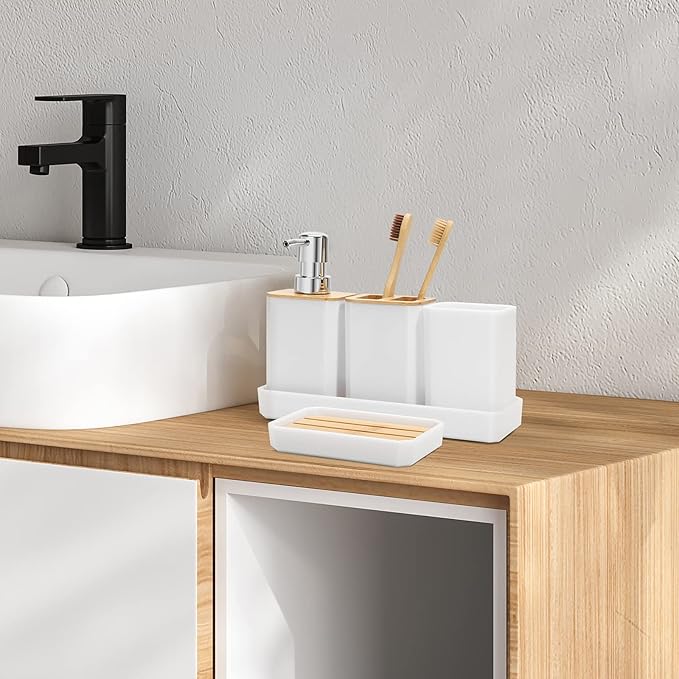FEILANDUO Bathroom Accessories Set,5 Pcs Bathroom Accessory Gift Set, Soap Dispenser, Soap Dish, Toothbrush Holder, Toothbrush Cup, Vanity Tray, Boho, Modern Bathroom Decor (White)