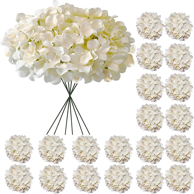 Hydrangea Artificial Flowers, 20 Pcs Champagne Hydrangea Artificial Flowers Bulk, Faux Hydrangea Flowers for Outdoor, Fake Silk Ivory Hydrangea Flowers with Stems for Wedding Decoration Decor