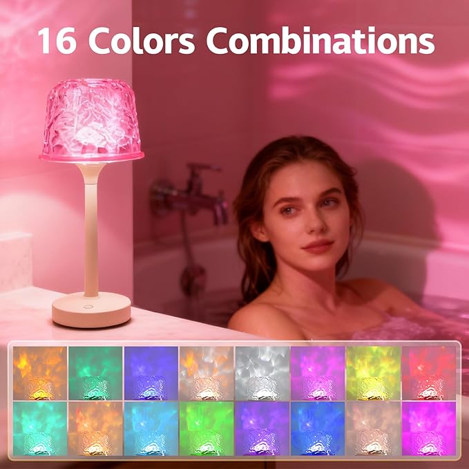 Waterproof Shower Lamp, Spa-Like Bathroom Light, Rechargeable Cordless Lamp with Touch & Remote Control, 16 Color Ocean Wave Projector, Shower Light for Inside Shower & Bathtub