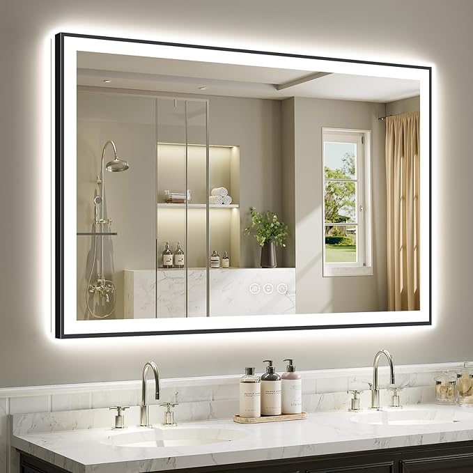 57x36 Inch LED Bathroom Mirror with Lights (Front Lit and Backlit) Black Framed Lighted Vanity Mirror for Bathroom Wall Dimmable Anti-Fog Memory Tempered Glass Horizontal/Vertical