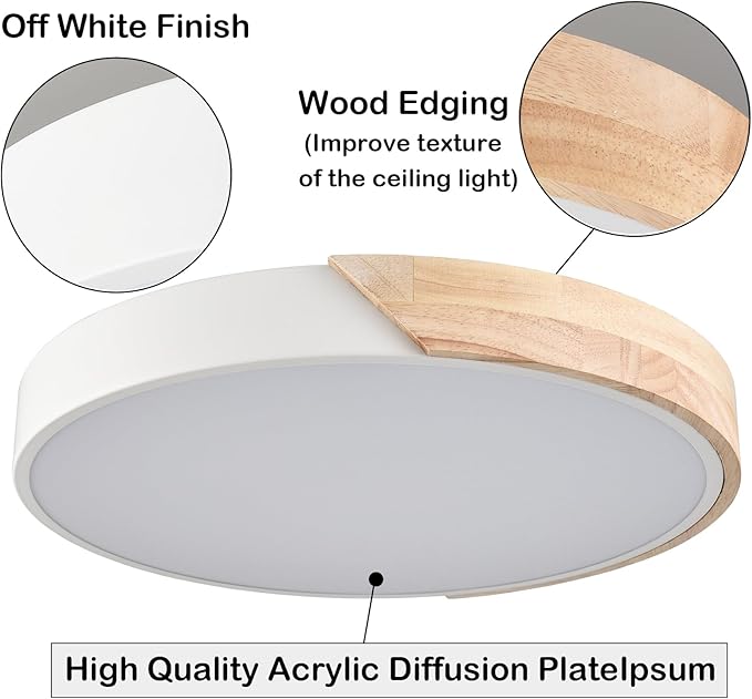 Minimalist LED Flush Mount Ceiling Light 16-Inch 30W 4000K White Wood Ceiling Light Fixture Low Profile Flush Mount Lighting for Bedroom Hallway Kids Room Lobby Living Room