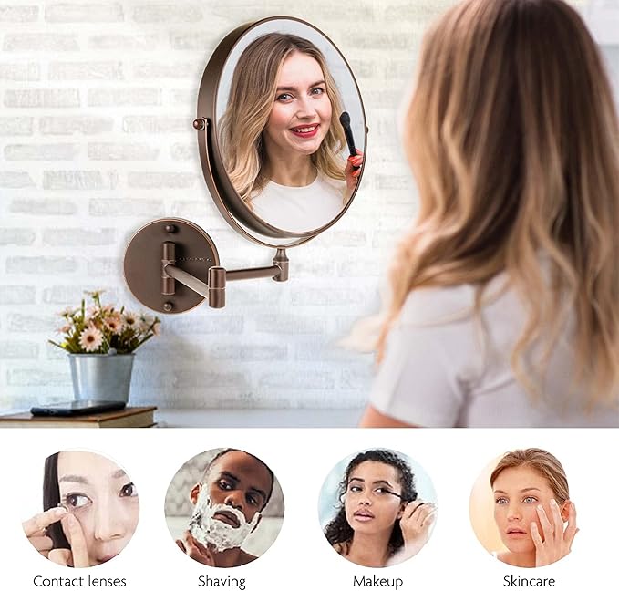 OVENTE 9" Wall Mounted Makeup Mirror with 1X/7X Magnification, Double Sided Magnifying Round Bathroom Vanity Mirror, 360° Swivel Design, Extendable and Folding Arm, Antique Bronze MNLFW90ABZ1X7X