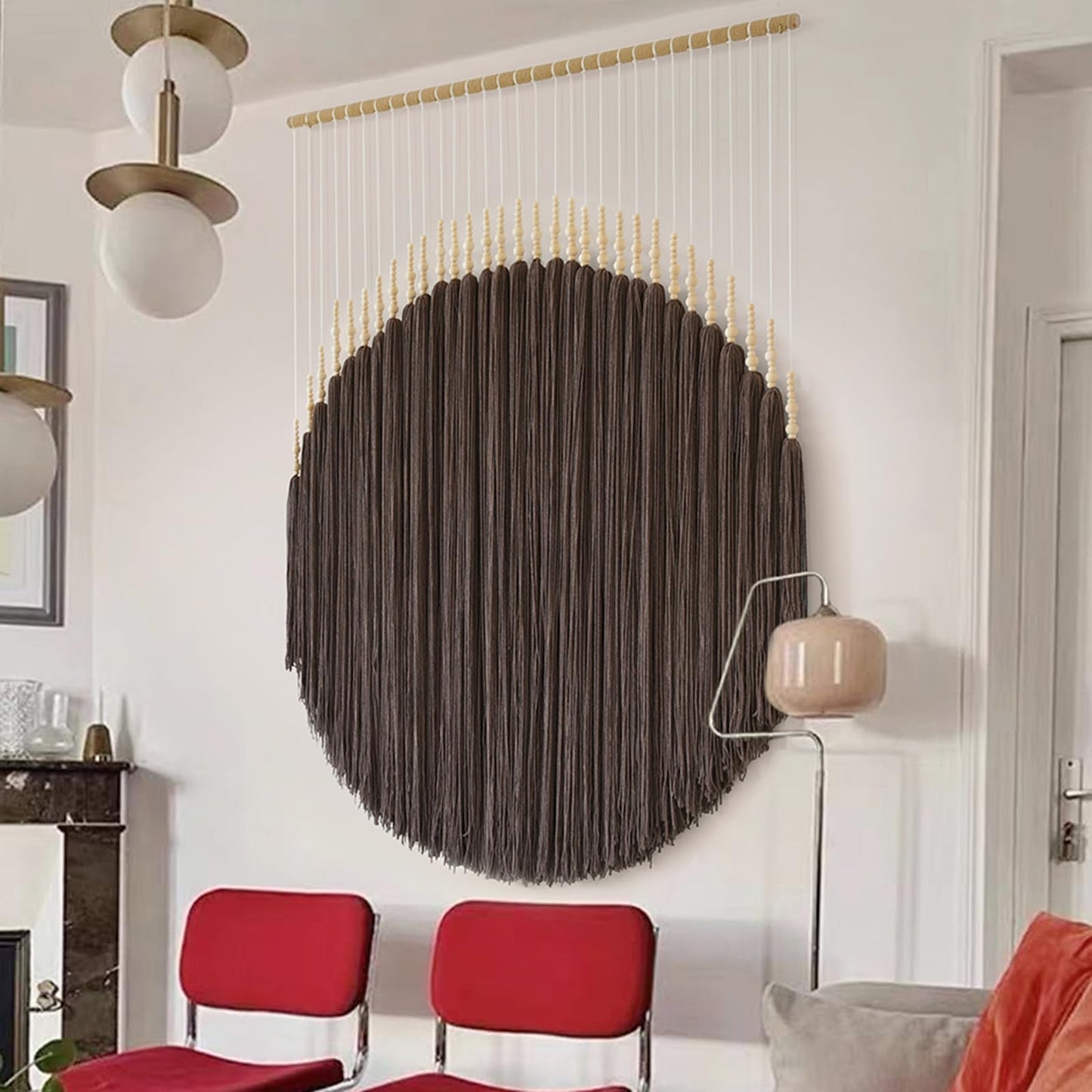 IOWER Macrame Wall Hanging Brown Yarn Beaded Backdrop Boho Wall Decor Round Tassel Home Wall Aesthetic Living Rooms Bedrooms Offices Geometric Art Chic Home Decor 39" W x 55"" L"