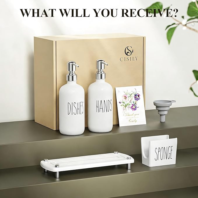 Cisily Kitchen Soap Dispenser Set Comes with Ceramics Sponge Holder, Silver Pumps, and Instant Dry Tray, Hand and Dish Soap Dispenser Set Suitable for Black and Silver Kitchen Decor and Accessories