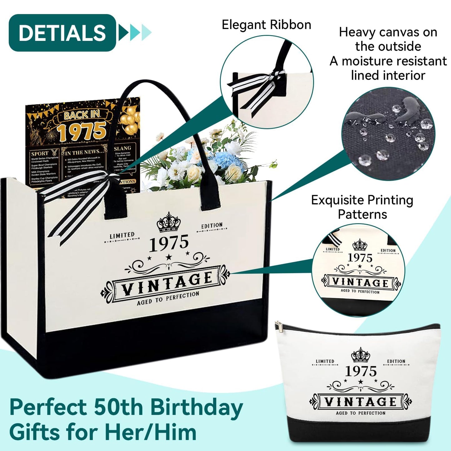 TrophyToast 50th Birthday Gifts for Women Her- 4 pcs, Turning 50 Year Old Gifts, Decorations Canvas Beach Tote Bag & Makeup Bag, Unique Happy 50th Birthday gifts for Her Mom Wife Friends