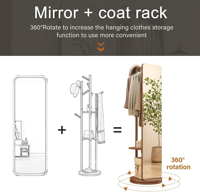 70"x19"Full Length Mirror with Stand,Coat Rack with Mirror,Solid Wood Floor Mirror,Swivel Mirrorfor Bedroom, Living Room, Cloakroom