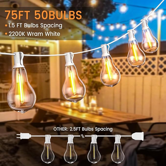 Outdoor String Lights, 75FT Patio Lights with 50+3 Bulbs(1.5FT Bulbs Spacing), Outdoor String Lights, Remote & Dimmer, 3 Mode Light & Timing, 50PC Mounting Ties for Outside, 2200K (White)