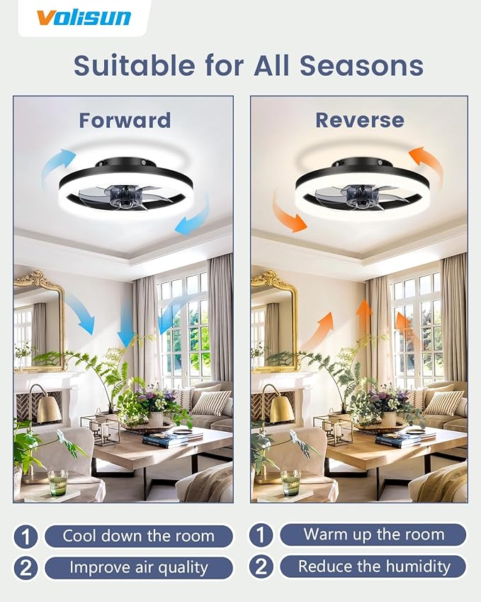 VOLISUN 13 inch Small Ceiling Fans with Lights and Remote, Low Profile Ceiling Fans with Light, 3000K-6500K Dimmable LED Ceiling Light Flush Mount, Bladeless Fandelier Ceiling Fan (Black)
