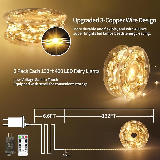 2 Pack Each 132 FT 400 LED Fairy Lights Plug In Christmas Lights Outdoor Decorations Waterproof String Lights with Timer 8 Modes Memory for Holiday Wedding Party Tree Wall Bedroom Garden-Warm White