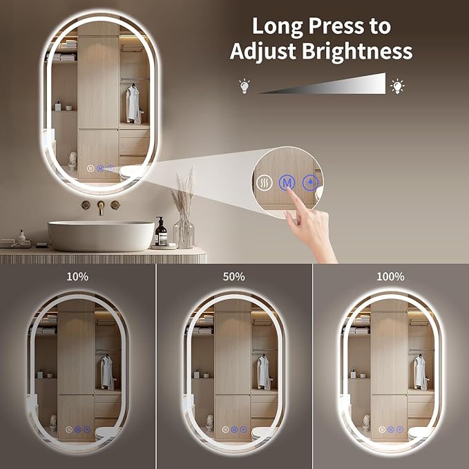 Oval LED Bathroom Mirror, 30"x 40" Frameless LED Mirror with Front Light and Backlit, Anti-Fog, Dimmable Modern Wall Mounted Lighted Mirror，Pill-Shaped Smart Mirror Bathroom
