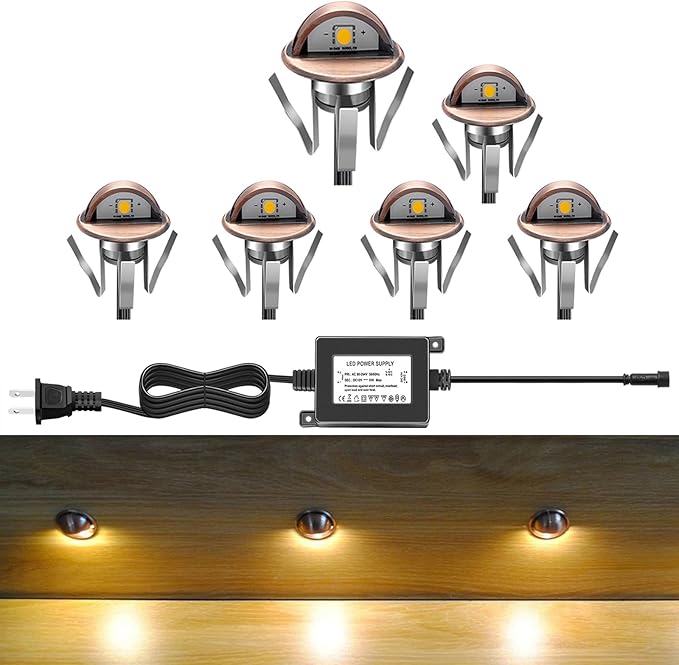 6 Pack LED Stair Lights Kit Low Voltage Waterproof IP65 Outdoor 1-2/5" Recessed Wood LED Deck Lighting Yard Garden Patio Step Landscape Pathway Decor Lamps,Warm White