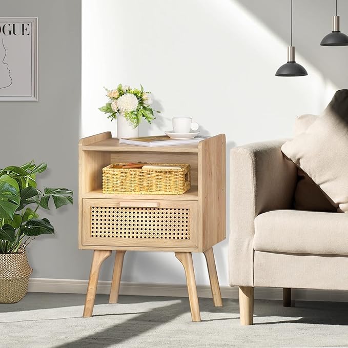 Lerliuo Rattan Nightstand, Boho Side Table with Drawer Open Shelf, Cane Accent Bedside End Table with Solid Wood Legs for Bedroom, Dorm and Small Spaces (Natural)