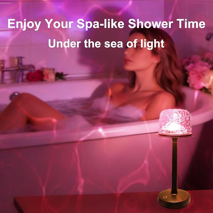 Waterproof Shower Lamp Cordless, Rechargeable Shower Light with 16 Color Ocean Wave Lights Projector, Rechargeable Bathroom Lamp with Touch & Remote Control,Spa-Like Mood Light for Bathtub/Shower