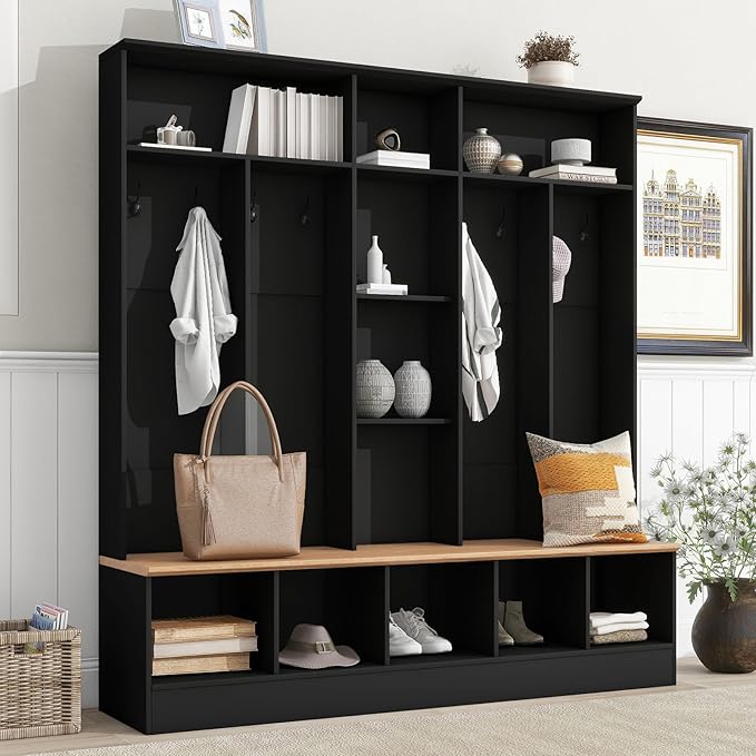 4 in 1 Hall Tree with Shoe Bench, Wood Entryway Storage Bench with Cube Storage & Shelves Multifunctional Coat Rack with 8 Hooks for Home Office Bedroom Mudroom Living Room, Black