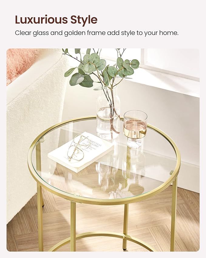 VASAGLE Round Side Tables, Set of 2, Glass End Tables with Metal Frame, Gold Coffee Tables with Modern Style, for Living Room, Balcony, Bedroom, Gold Color