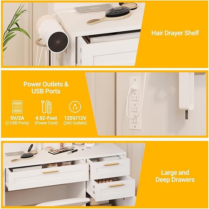 Makeup Vanity with Mirror and Lights, 37" Small Vanity Desk with Power Outlet, 3 Colors & Adjustable Brightness, White Vanity Set with 3 Drawers, Cabinet & Cushioned Chair