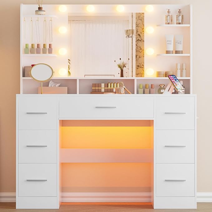 Vanity Desk with Mirror and Lights, Large Glasstop Makeup Vanity Desk with 7 Drawers and Power Outlet, 6 Open Shelves, White
