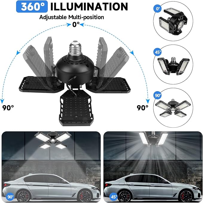 LED Garage Lights 4 Pack -120W, 12000LM 6500K Led Shop Light with 4+1 Deformable Panels, Basement Barn Light Garage Ceiling Lights, E26/E27 for Garage, Warehouse, Shop