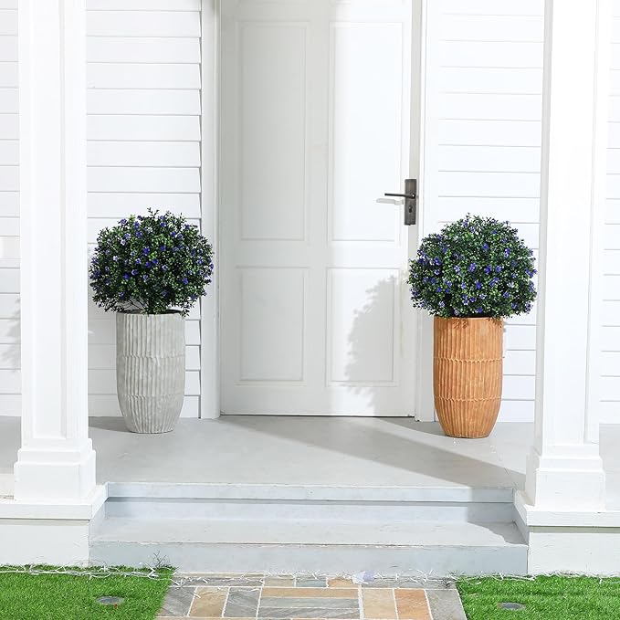 Yunlly Set of 2 Artificial Boxwood Topiary Ball Tree Fake Bushes Shrubs Outdoor Faux Plant with Ground Spike Flowers UV Resistance Greenery for Front Porch Garden Patio Indoor(Purple,27x18inch)