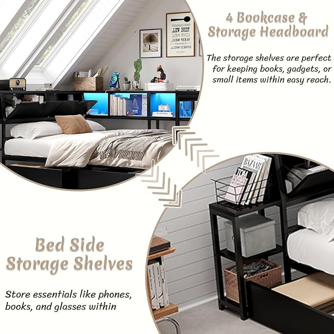 Full Corner Bed Frame with Desk, LED Lights & Charging Ports, L-Shaped Daybed with Storage Drawers, Bookcase & Open Shelves, Modern Full Size Daybed for Kids, Teens & Compact Bedrooms,Black