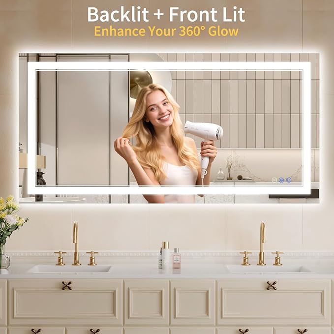 24"x48" LED Bathroom Mirror with Lights, Anti-Fog, Backlit + Front Lit, Dimmable, Led Vanity Mirror for Wall, Lighted Bathroom Mirror, 3 Colors, Shatter-Proof Tempered Glass