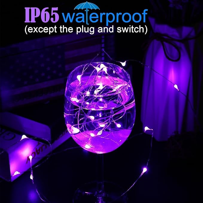 RUICHEN Plug in Fairy String Lights with Switch, Waterproof 33 Ft 100 LED Copper Wire Firefly Lights for Bedroom, Patio, Garden, Balcony, Dorm, Purple