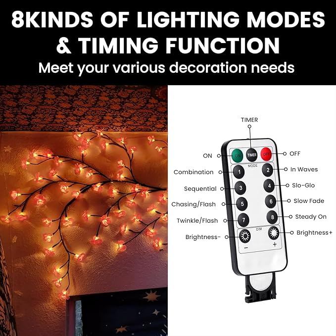 LED Tree Branch Lights for Wall 5.25FT 72LEDs Cherry Blossom Lights with Remote and 8 Lighting Modes Cherry Blossom Garland Willow Vine Light for Bedroom Indoor Wall Wedding Christmas Decor
