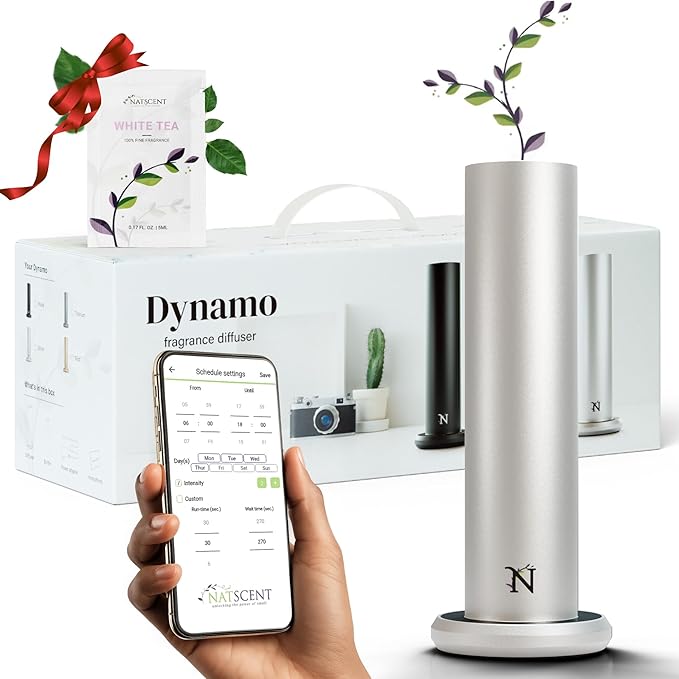 Dynamo Hotel Scent Diffuser – Cold-Air Essential Oil Diffuser for Home & Large Rooms up to 1000 sq ft, App & Manual Control, Hypoallergenic, Includes White Tea Fragrance Sample – Silver