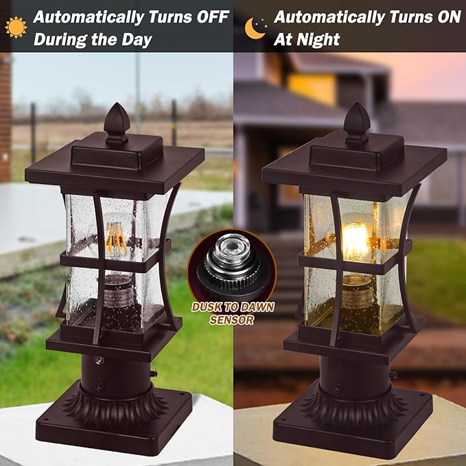 Dusk to Dawn Bronze Outdoor Post Light Fixtures with Pier Mount Base, 2 Packs Outdoor Pole Lighting, Waterproof Pillar Lantern, Farmhouse Outside Column with Seeded Glass for Pathway, Garden, Patio
