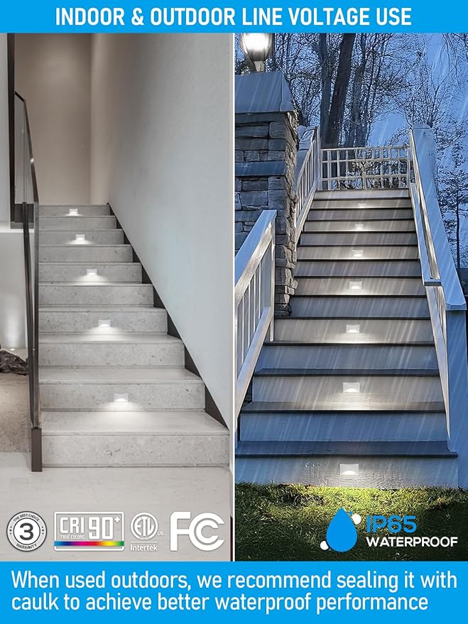 LEONLITE White 5CCT 120V LED Step Lights, 150LM 5%-100% Dimmable Stair Lights Indoor Outdoor IP65 Waterproof, Aluminum Anti-Glare Shell, CRI90 ETL 2700K/3000K/3500K/4000K/5000K, Pack of 6